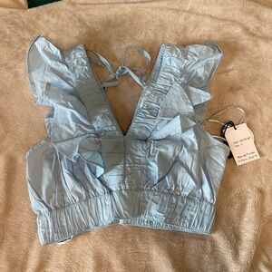 Blue Ruffled Smocked Sleeveless Blouse